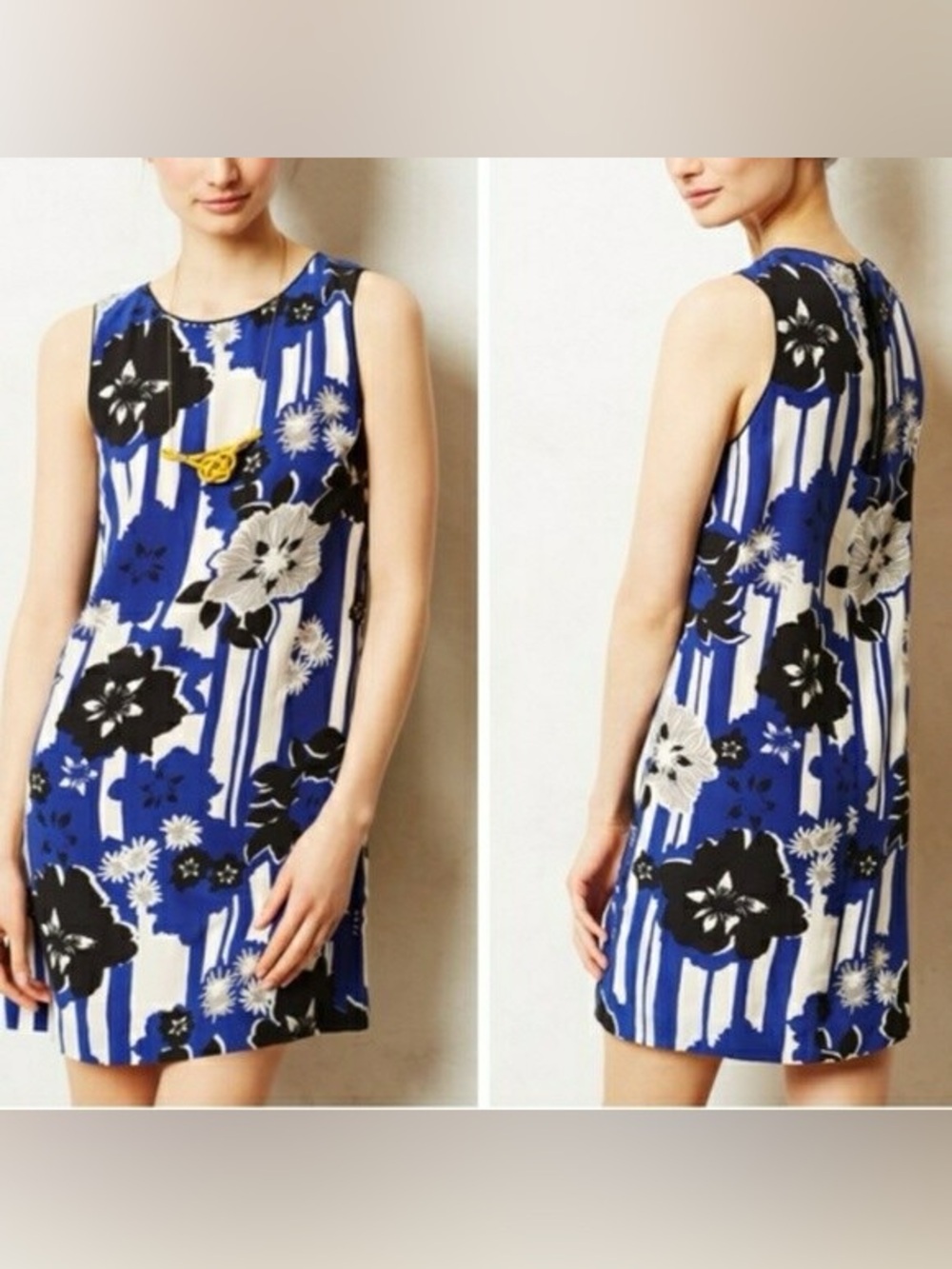 Anthropologie Maeve Silk Canna Shift Dress blue black and white size 4P